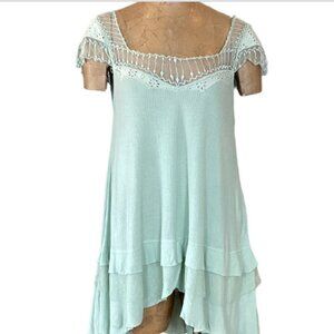 Free People Mini Dress Mesh Lace Tiered Ruffle Hem Sz‎ L Green #25Y